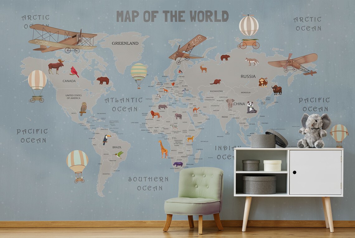 Map of the World Wallpaper Kids Nursery Wallpaper Blue - Etsy