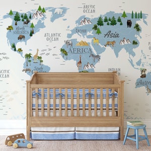 Kinder Weltkarte, Weltkarte Tapete, Kinderzimmer Tapete, blaue Tapete, abnehmbare Tapete, Babyzimmer Wand Dekor