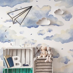 Cloud wallpaper for kids room, watercolor wallpaper, nursery wall print, kids wall mural, peel and stick or traditional wallpaper