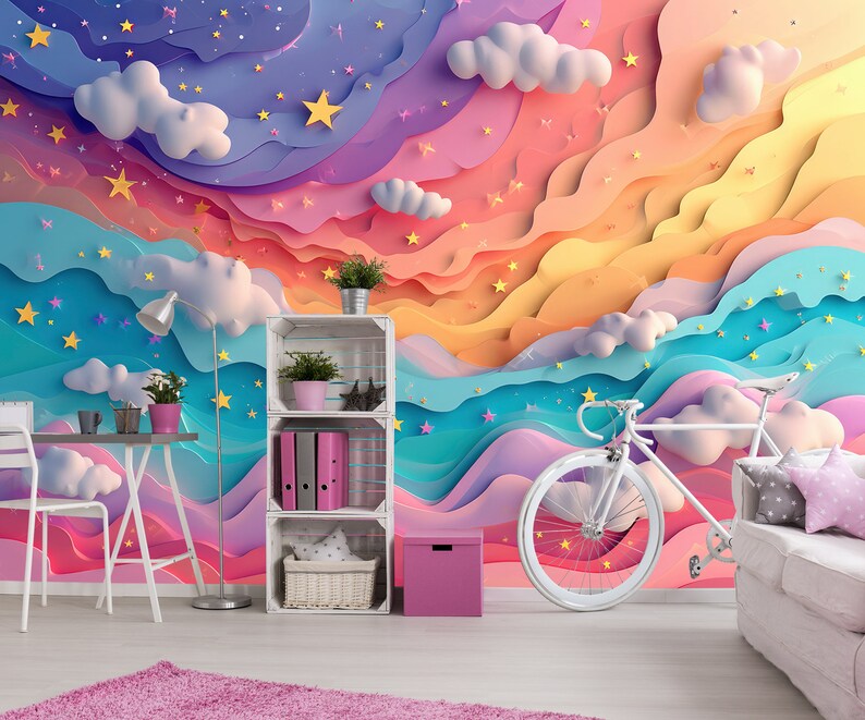 Colorful Abstract Nursery Rainbow Wall Mural, Peel and Stick Wallpaper ...