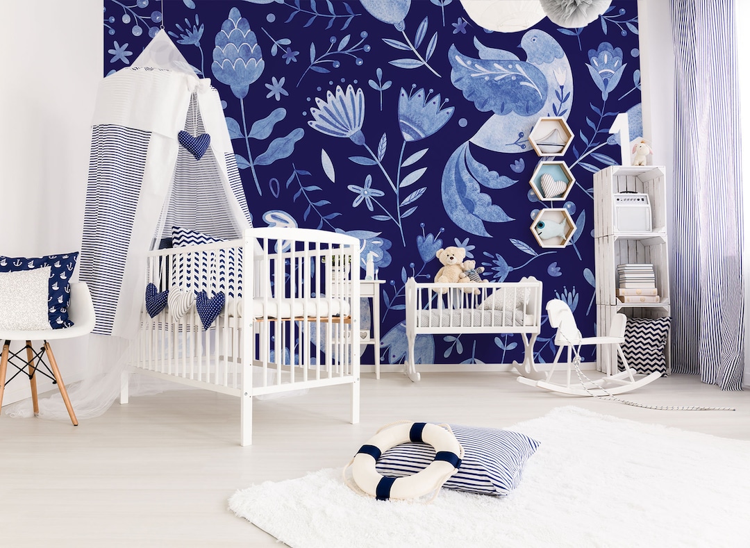 Blue Floral Wall Mural for Nursery, Kids Wallpaper, Folk Pattern, Child ...