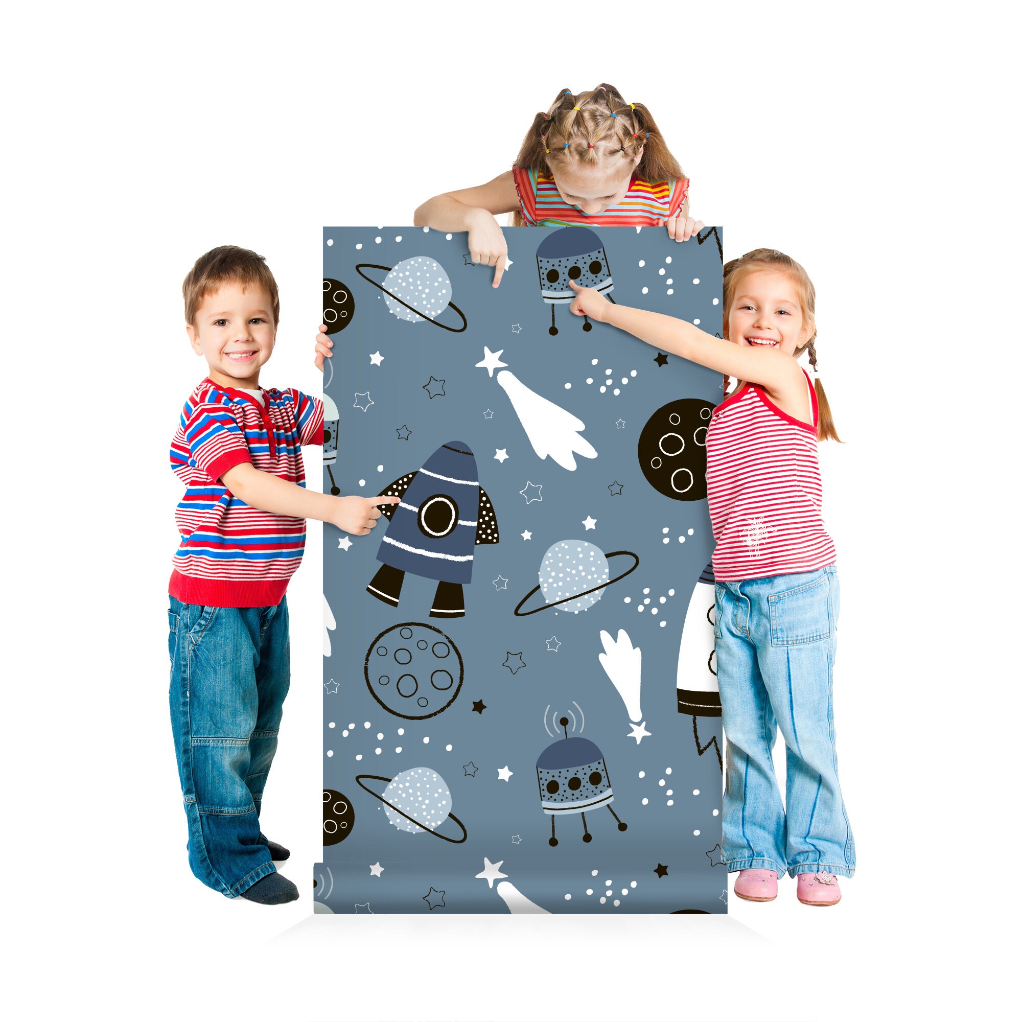 Kids Room Space Wallpaper, Peel and Stick Wall Mural, Hand Drawn ...