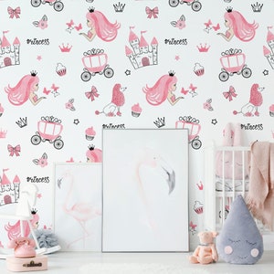 Nursery wallpaper with princess, peel and stick wall mural, watercolor pattern with girls castles and carriages, wall decor for girls room
