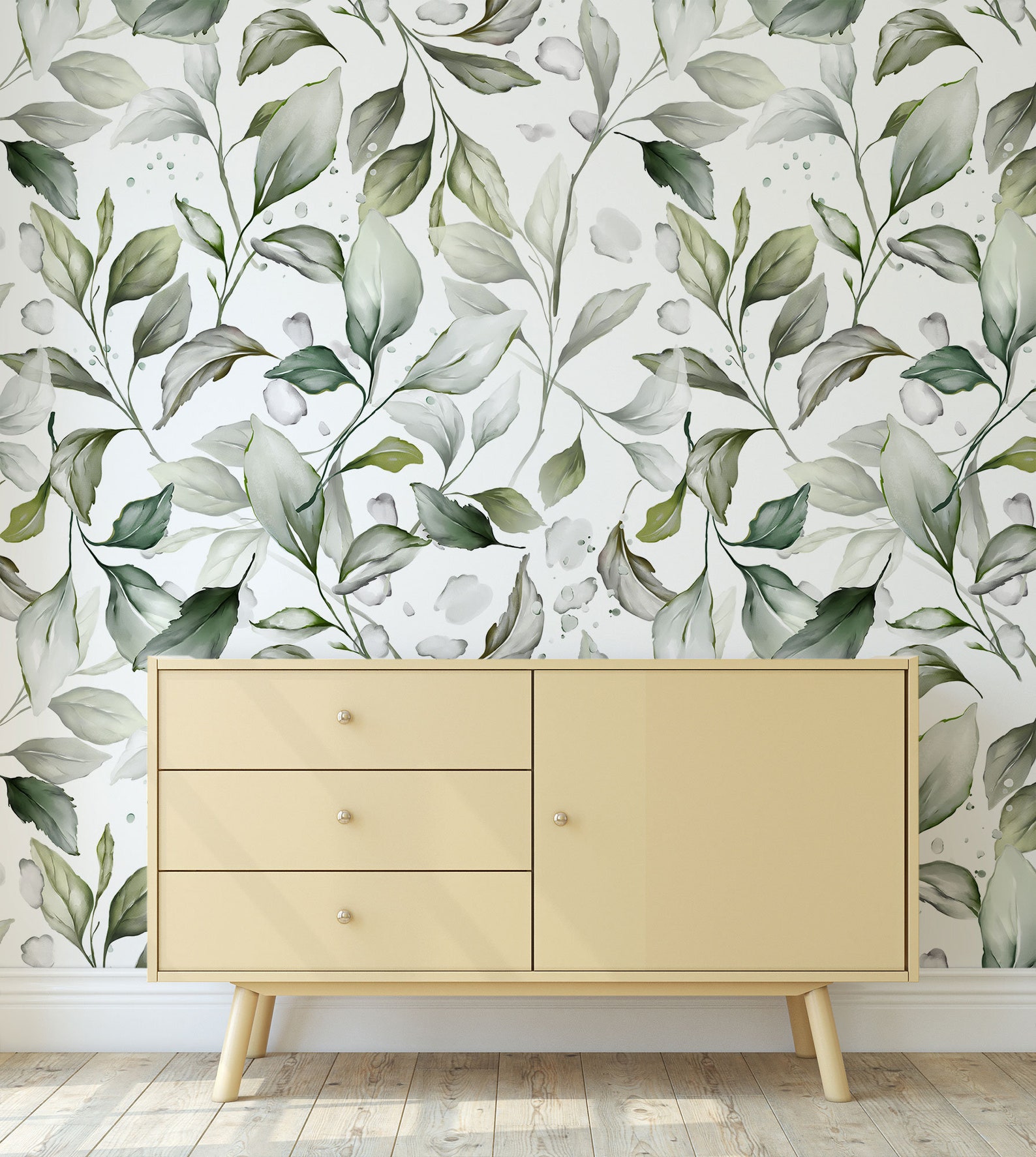 White Wallpaper With Green Leafy Pattern Kids Wallpaper Etsy