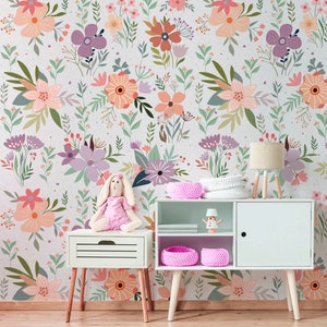 Floral nursery wallpaper, girls room decor, peel and stick temporary wallpaper, floral wall art, baby room wall decor, wallpaper roll