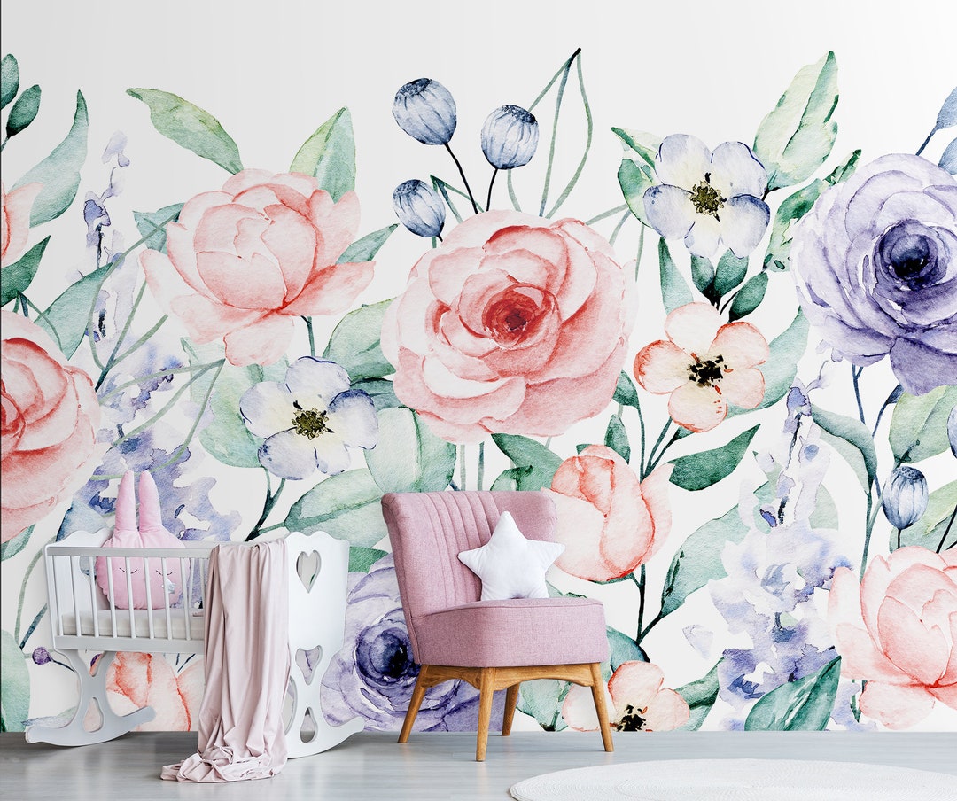 Nursery Wallpaper With Watercolor Flowers Peel and Stick - Etsy
