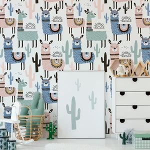 Llama removable wallpaper, pattern with llama, cactus and hand drawn elements, perfect for kid's room, self adhesive wallpaper#