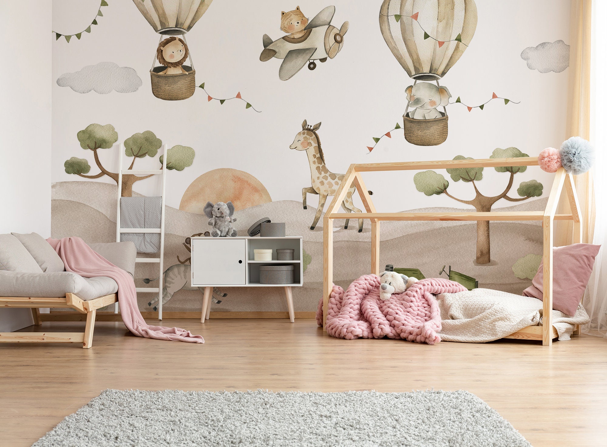 Kids Nursery Wallpaper, Watercolor Animal Wallpaper, Hot Air Balloon ...