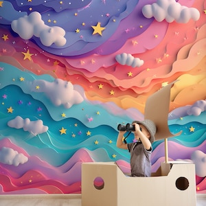 Murale colorato astratto arcobaleno per la cameretta dei bambini, carta da parati staccabile e incollata, carta da parati con nuvole e arcobaleno, murale con cielo, decorazione da parete per la cameretta dei bambini