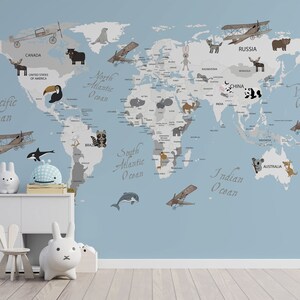 Peinture murale bleue de la carte du monde, papier peint de la crèche pour enfants, papier peint pour animaux, murale de l’avion aérien, papier peint amovible, décor mural de chambre de bébé