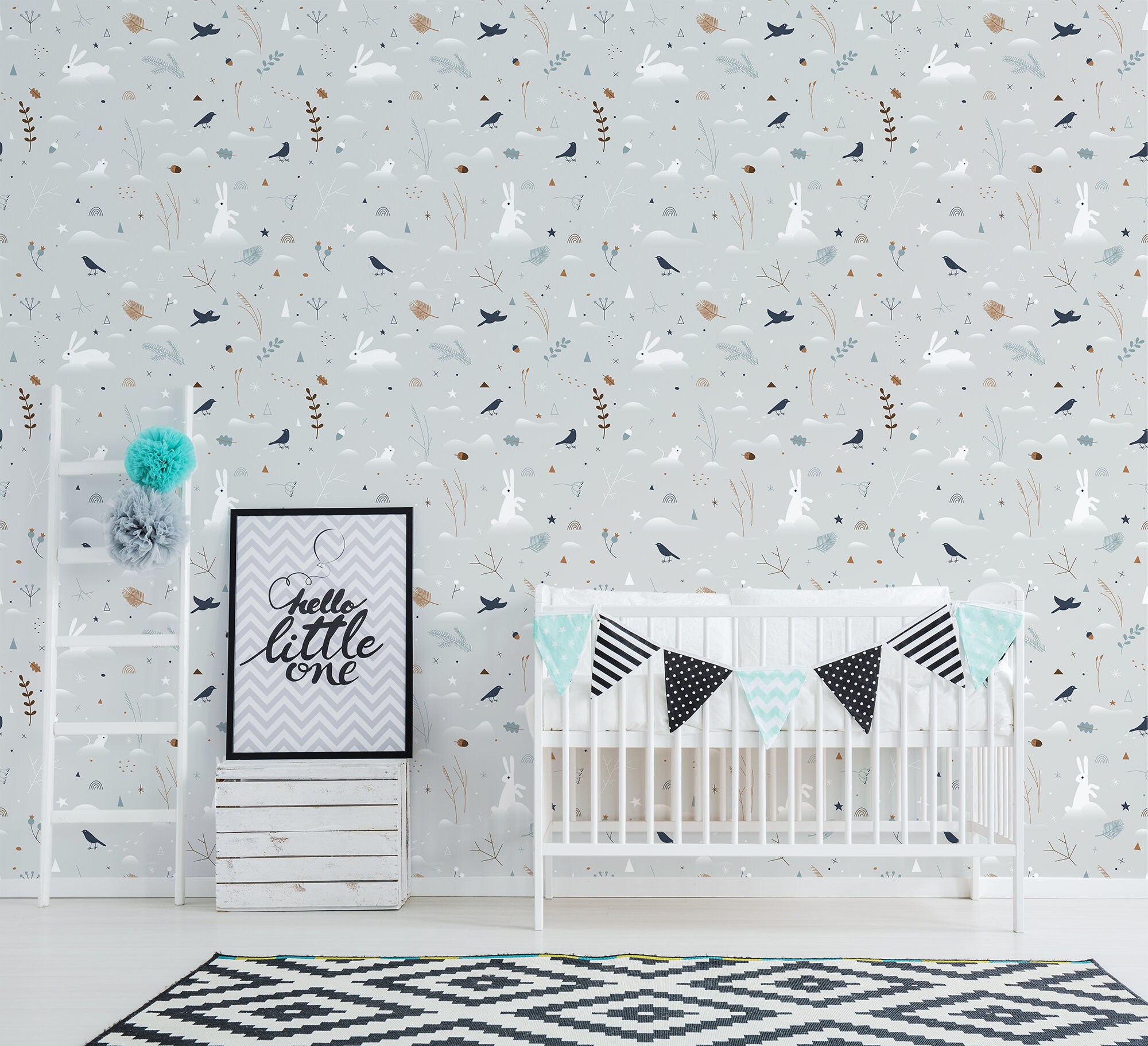 Gray Nursery Wallpaper With White Bunnies Selfadhesive Etsy