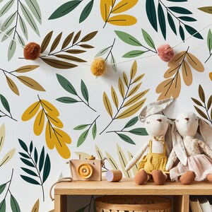 Blättertapete, Waldtapete fürs Kinderzimmer, botanische Kinderzimmertapete, abziehbare oder traditionelle Tapete