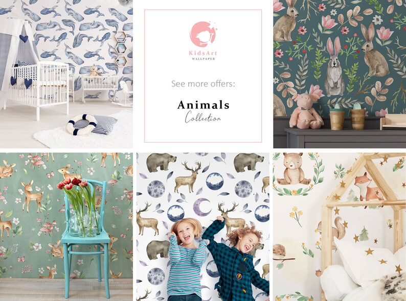 Puede incluir: Un collage de dise&ntilde;os de papel pintado con tem&aacute;tica de animales. Los dise&ntilde;os incluyen ballenas, conejos, ciervos, osos y zorros. Tambi&eacute;n se ve el texto "KidsArt Wallpaper" y "Animals Collection". Adecuado para habitaciones infantiles.