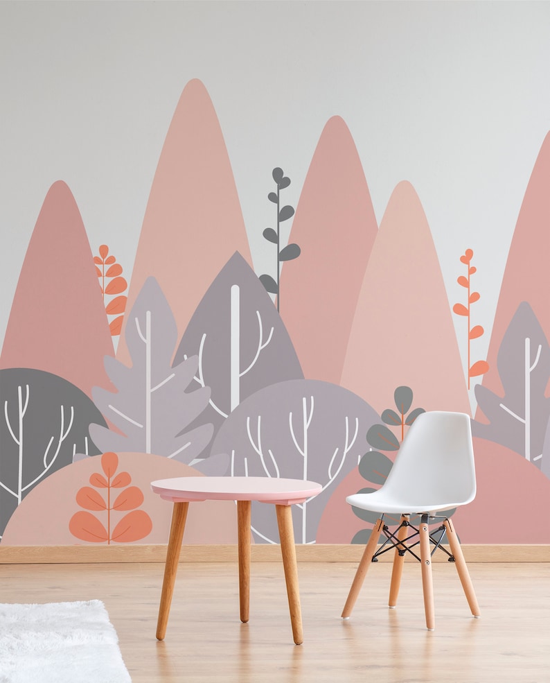 Pink Mountains Nursery Wall Mural Forest Wallpaper Peel and Etsy