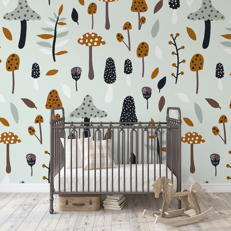 Nursery Botanical Wallpaper, Forest Plants and Mushrooms Wallpaper ...