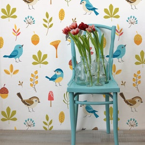 Flowers and birds wallpaper for kids room, forest animals wallpaper, peel and stick, self adhesive, nursery wallpaper, kids room wall decor