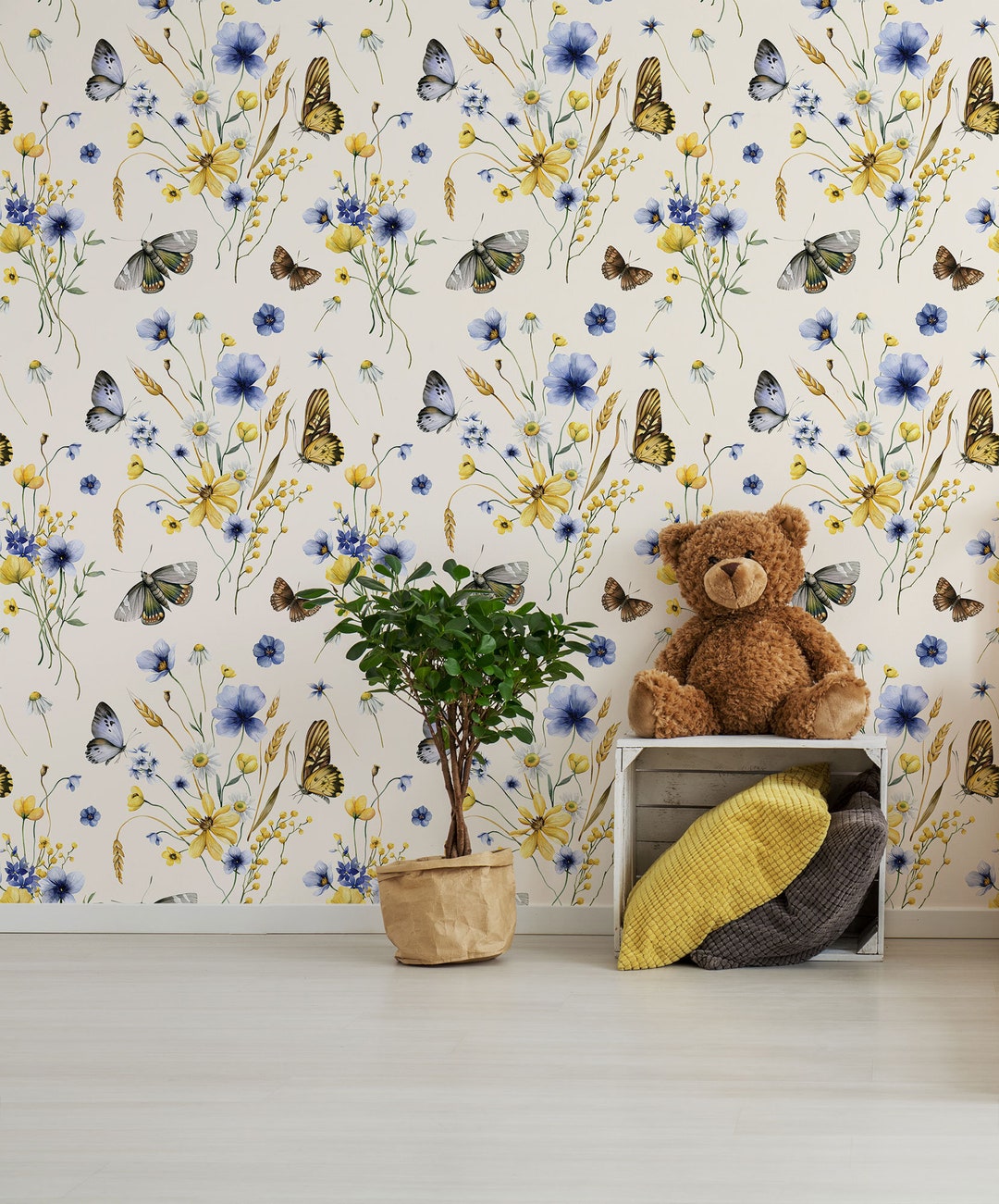 Butterflies and Flowers Wallpaper, Nursery Wall Art, Watercolor ...