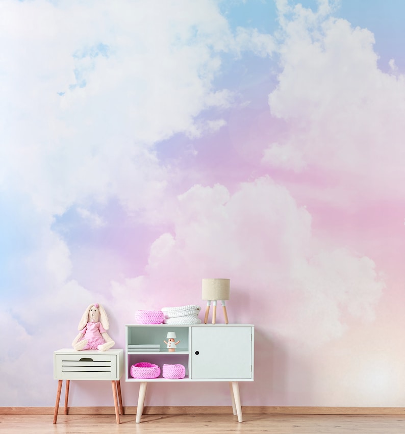 Cloud Removable Wallpaper Kids Room Wall Mural Abstract Pink Etsy