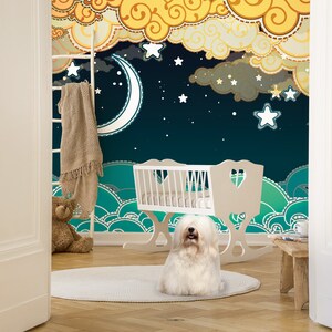 Night landscape wallpaper, self adhesive wall mural, cartoon style sea and clouds at night, peel and stick removable wallpaper