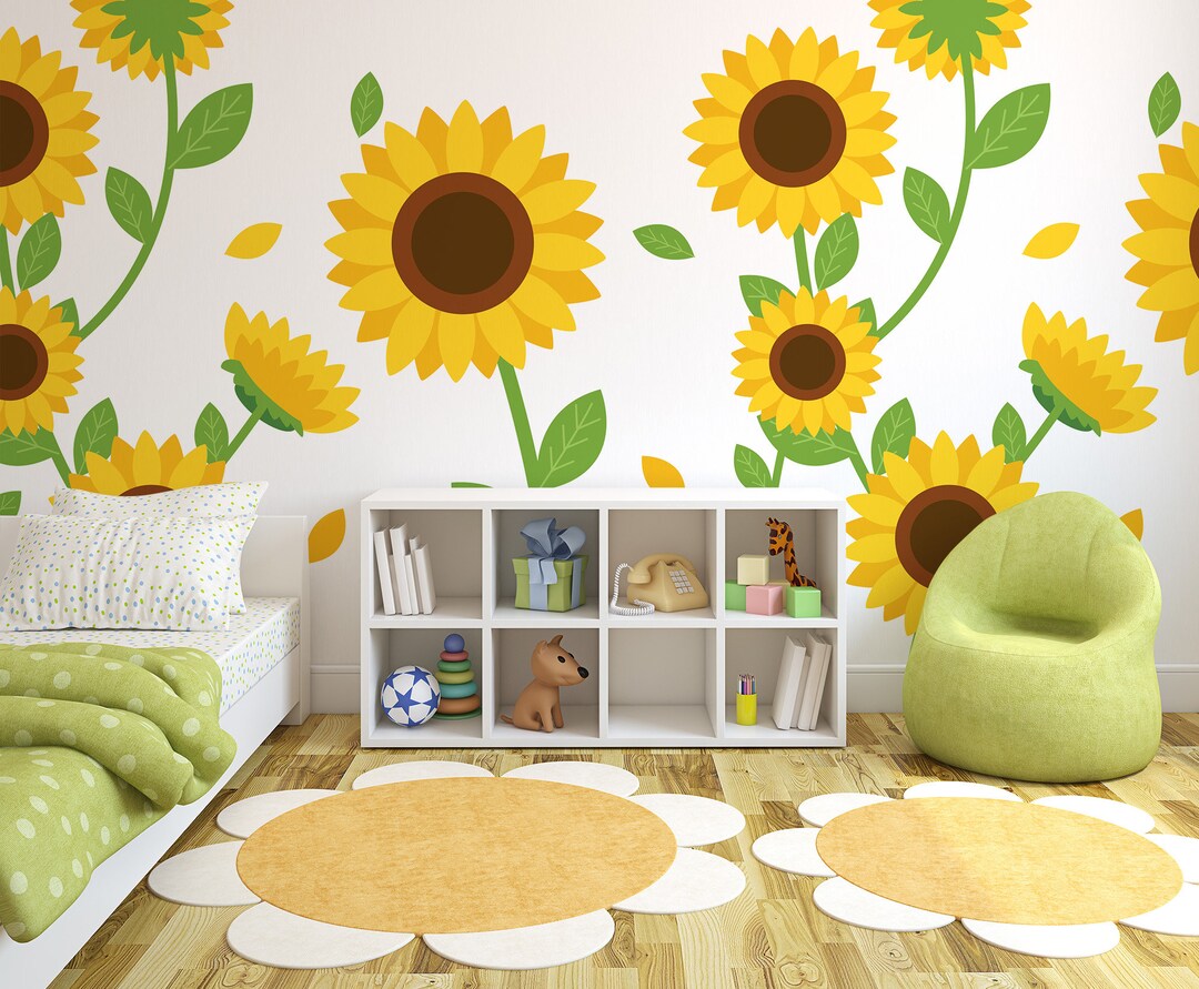 Nursery Wallpaper, Sunflower Pattern, Floral Kids Room Wall Mural, Peel ...