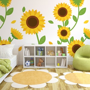 Nursery wallpaper, sunflower pattern, floral kids room wall mural, peel and stick or traditional wallpaper