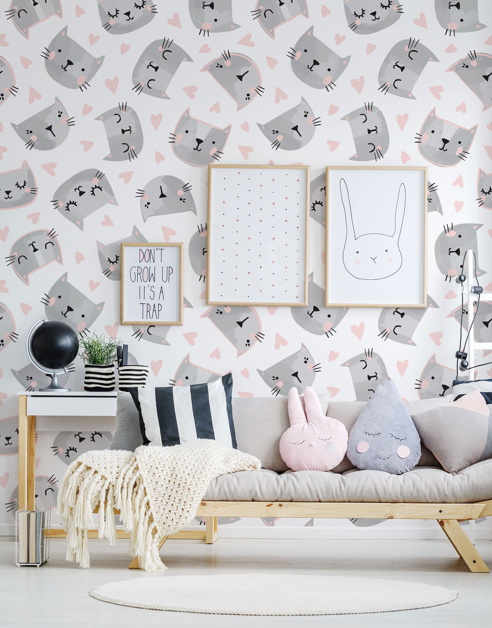 Cute cats and hearts kids nursery wallpaper, peel and stick, animal wallpaper, removable wallpaper, baby room wall decor