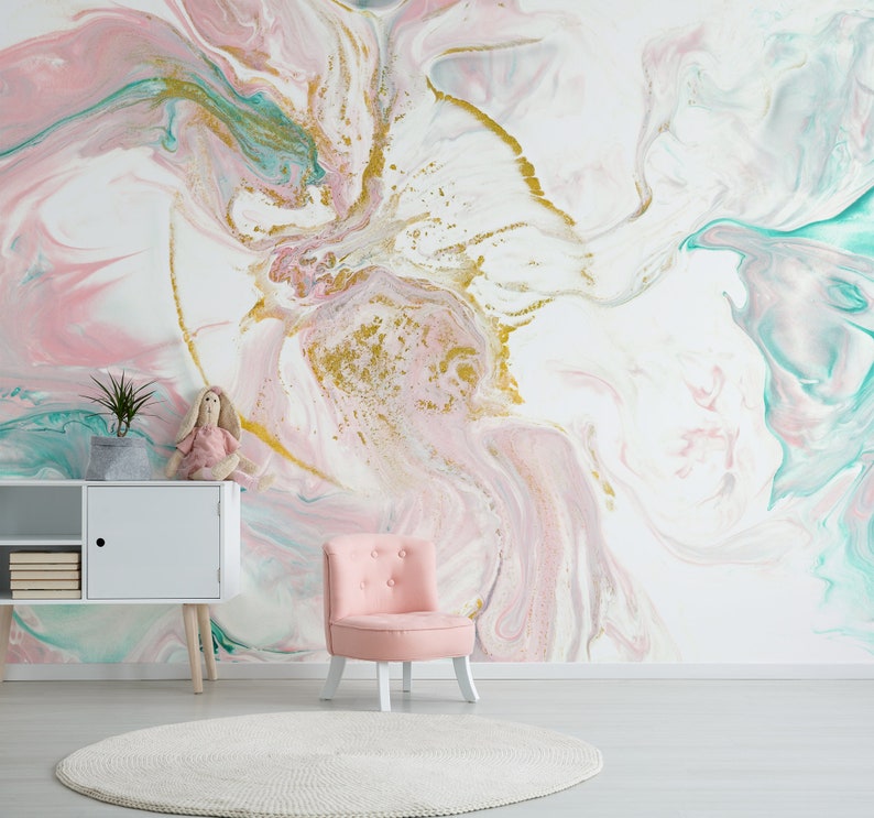 Watercolor Marble Wallpaper Abstract Turquoise and Pink Wall Etsy
