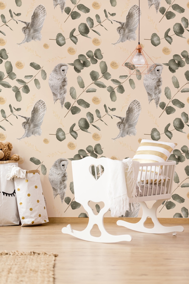 Owls nursery wallpaper peel and stick wall mural watercolor Etsy