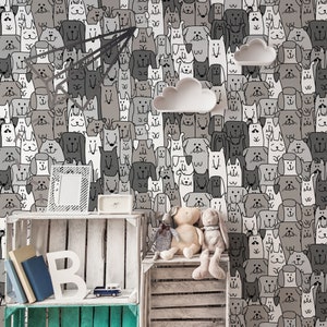 Kids nursery wallpaper, gray dog wallpaper, animal wall mural, peel and stick, removable wallpaper, baby room wall decor