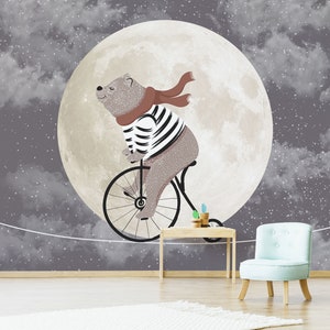 Kids wallpaper, bear on the bicycle wallpaper, animal nursery wall mural, wall art, peel and stick or traditional vinyl wallpaper