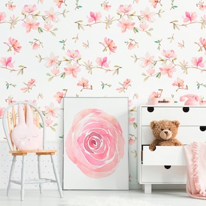 Kids wallpaper with spring flowers and branches, peel and stick wall mural, removable kids wallpaper, home decor