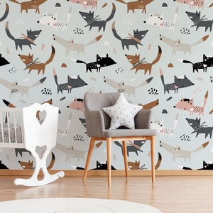 Happy dogs wallpaper for nursery, kids wallpaper, animal wallpaper, removable wallpaper, peel and stick, baby room wall decor