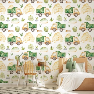 Truck car wallpaper for kids room, peel and stick, self adhesive, nursery wallpaper, kids room wall mural, baby room wall decor