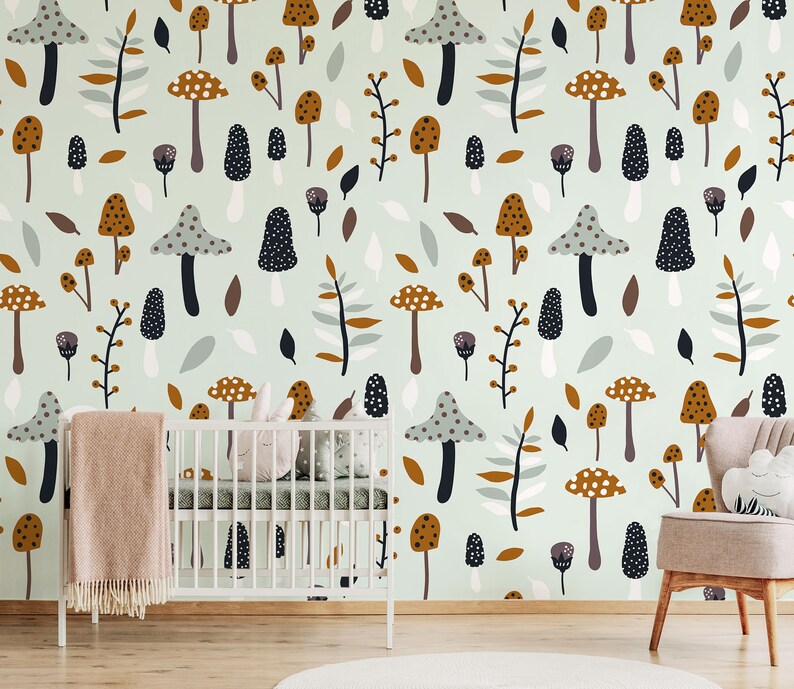 Nursery Botanical Wallpaper, Forest Plants and Mushrooms Wallpaper ...