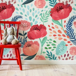Kids wallpaper red poppies, peel and stick wall mural, removable floral wallpaper, watercolor wall art, home decor for baby room