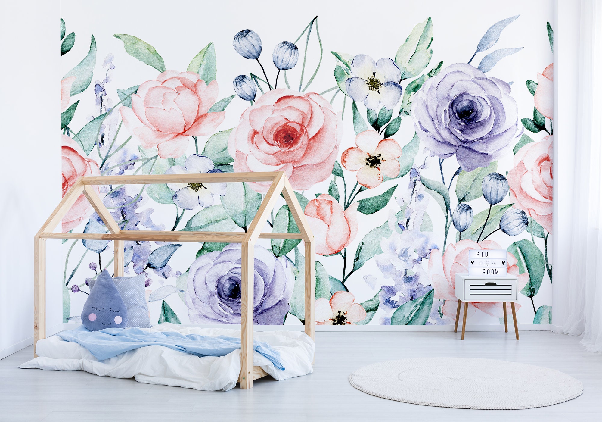 Nursery wallpaper with watercolor flowers peel and stick | Etsy