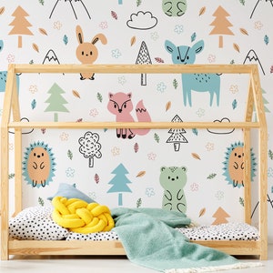 Kids room wallpaper, forest animal removable wallpaper, peel and stick self adhesive soft wallpaper, nursery wall art, wall decor
