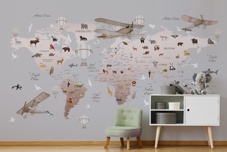 Map of the World Wallpaper Kids Nursery Wallpaper Gray Etsy