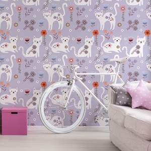 Papier peint bohème chat pour chambre d'enfant, papier peint enfant, papier peint animaux, papier peint amovible, autocollant, décoration murale pour chambre de bébé
