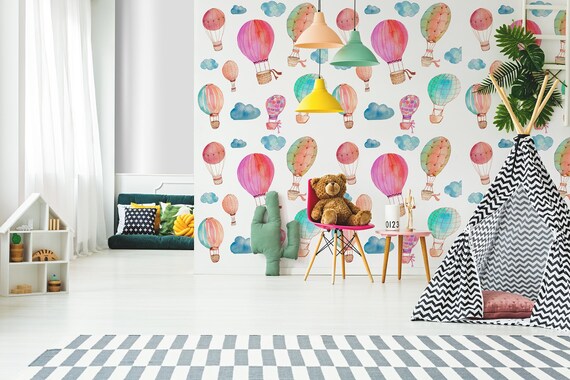 Hot air balloon wallpaper nursery wallpaper watercolor | Etsy