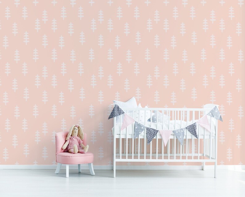 Pink Nursery Wallpaper With White Trees Peel and Stick Etsy