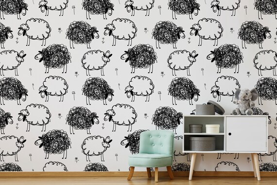 Black and White Sheep Kids Nursery Wallpaper Removable - Etsy Black and White Sheep Kids Nursery Wallpaper Removable - Etsy