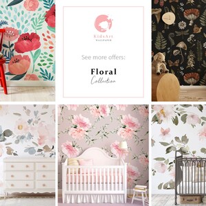 Puede incluir: Un collage de dise&ntilde;os de papel pintado floral. La imagen incluye una silla roja con un juguete, una cuna y una c&oacute;moda. El texto dice "KidsArt Wallpaper" y "Floral Collection."