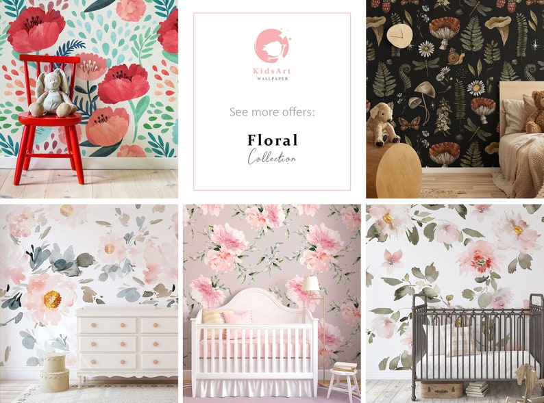 Puede incluir: Un collage de dise&ntilde;os de papel pintado floral. La imagen incluye una silla roja con un juguete, una cuna y una c&oacute;moda. El texto dice "KidsArt Wallpaper" y "Floral Collection."