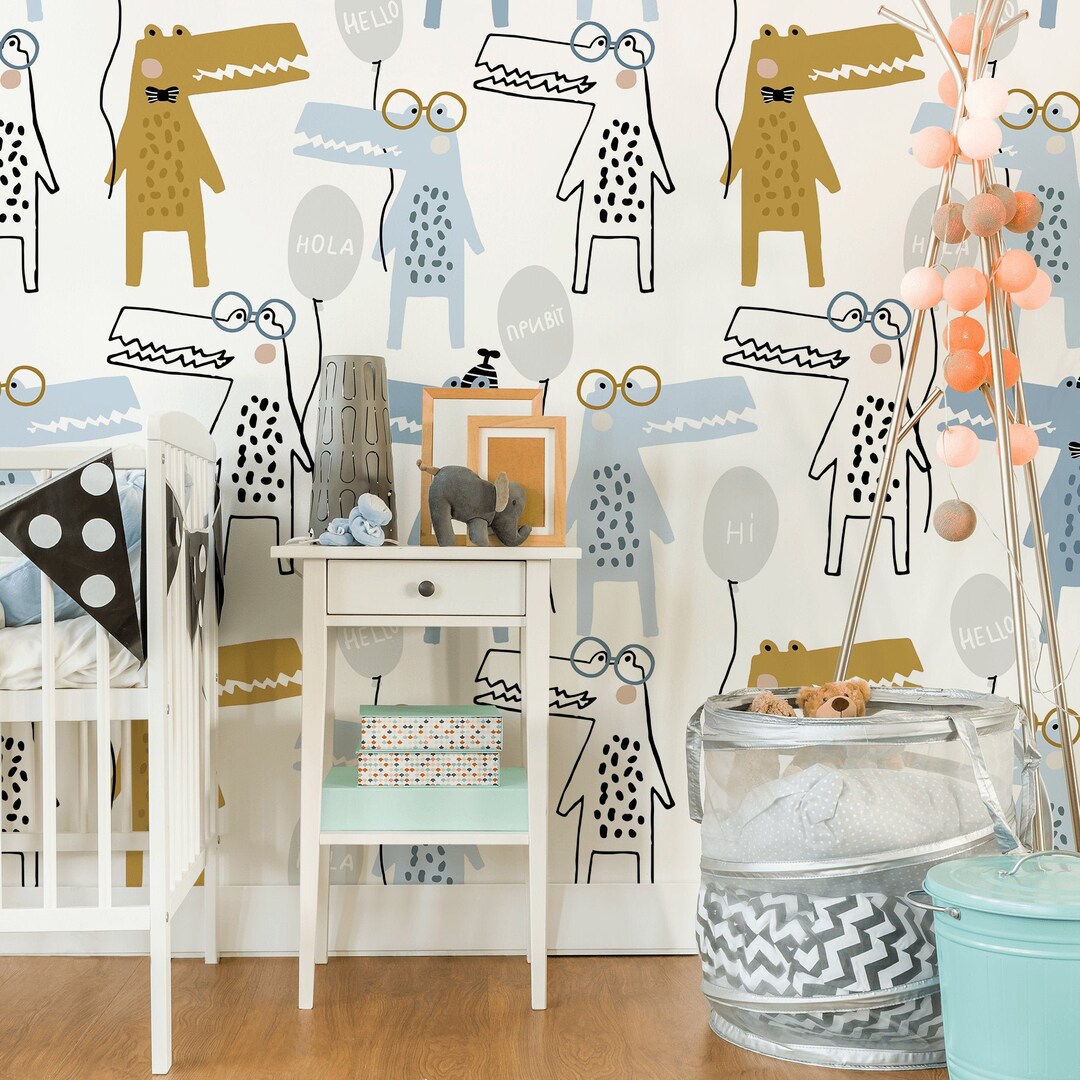 Nursery Wallpaper With Dinosaurs, Peel and Stick Wall Mural, Kids ...