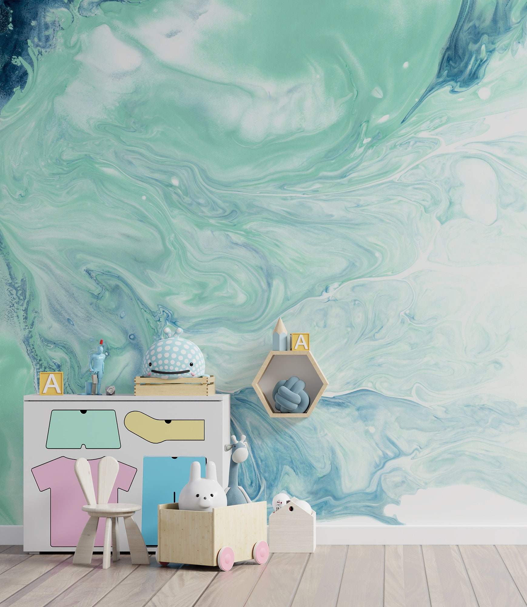 Teal Color Marble Wallpaper Watercolor Abstract Wall Mural Etsy