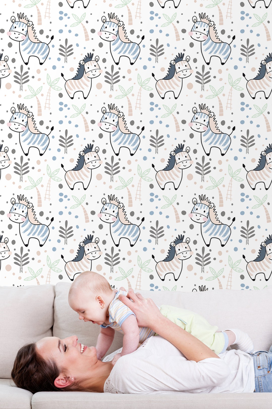 Nursery Wallpaper With Zebra, Peel and Stick Wall Mural, Self Adhesive