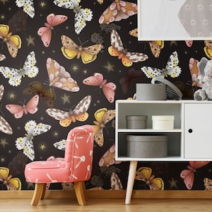 Dark butterfly wallpaper, kids nursery wallpaper, animal wallpaper, watercolor mural, peel and stick, removable wallpaper, baby wall decor
