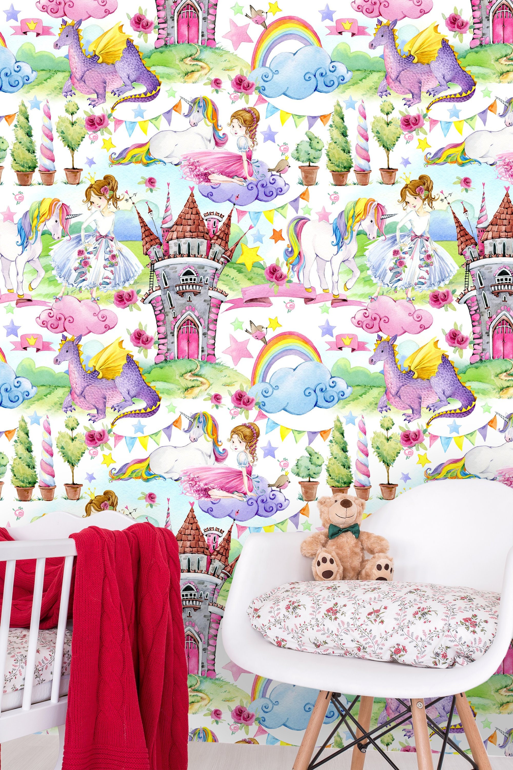 Fairy-tale Wallpaper, Nursery Wallpaper, Watercolor Pattern, Castle ...