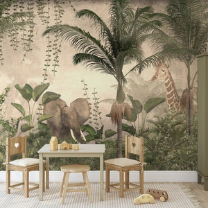 Murale di carta da parati tropicale giraffa ed elefante per asilo nido, carta da parati per bambini, carta da parati rimovibile, decorazione murale per baby room